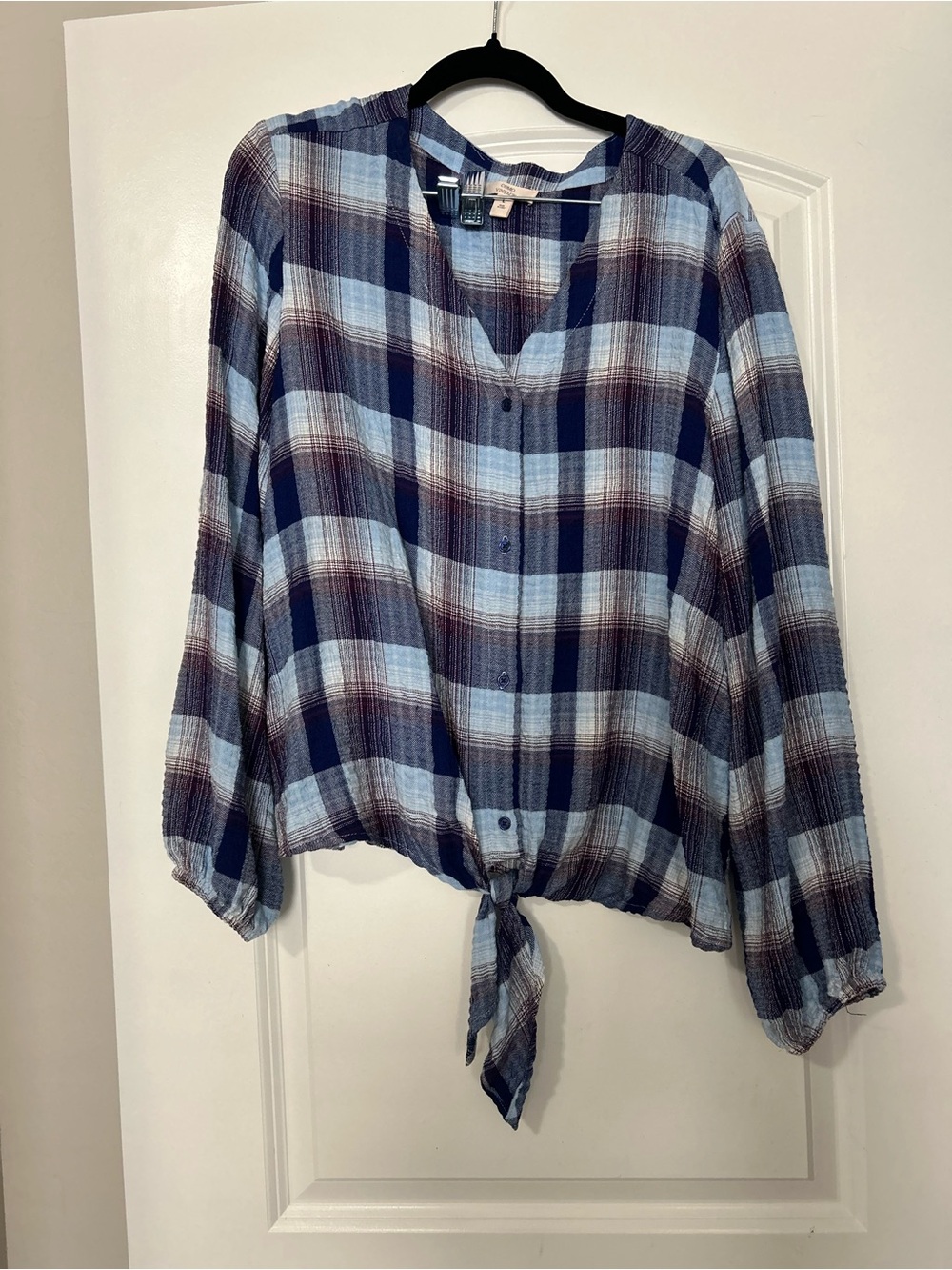 Como Vintage Blue and Navy Plaid Button-Front Tie Hem Shirt